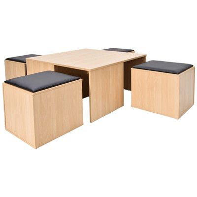 

5 pcs Wood Living Room Table Set with 4 Storage Ottoman Stool