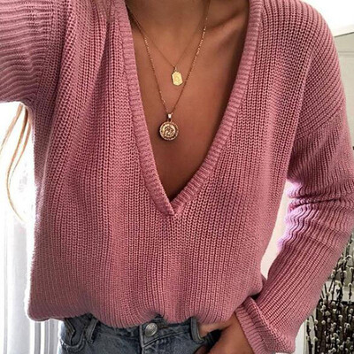 

Gobestart Women Casual Deep V Neck Knitted Sweater Jumper Tops Long Sleeve Pullover