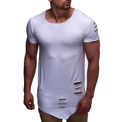 

Summer Fashion Hole Irregular Hem Casual Mens T-Shirt Round Neck Short Sleeve T-Shirt Tee Tops For Men