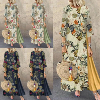 

US Women Cotton Linen Maxi Dress Long Sleeve Casual Boho Kaftan Tunic Plus Size