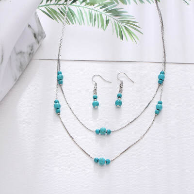 

Bohemia Multi-layer Pendant Necklace Earrings Set Silver Stone Beads Charms Dangle Earrings Statement Women Dress Jewelry Gift