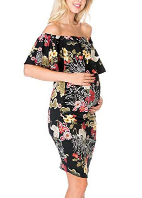 

Sexy Floral Printed Off-the-Shoulder Slim Crane Bodycon Maternity Dress