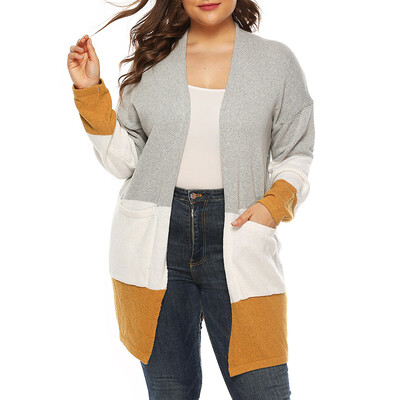 

Large Size Women Cardigan Sweater Loose Knit Mid-long Sleeve Strip Gray Coat