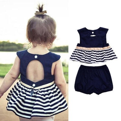 

0-18M Summer Newborn Baby Girl Navy Blue Dress TopPants Outfit 2Pcs Set Clothes