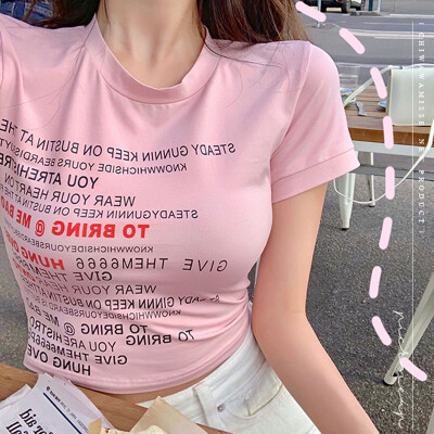 

Women T-Shirt Korean Style Letter Print T Shirt O-Neck Short Sleeve T-Shirt Summer Casual Candy Color tee shirt femme