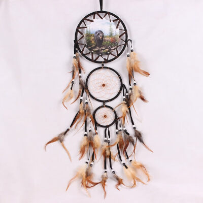 

Home Wall Hanging Decoration Wolf Pattern Ornament Dream Catcher with Feathers