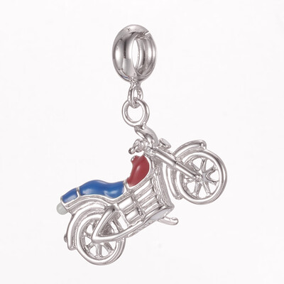 

925 Sterling Silver European Dangle Beads with Enamel Motorbike Large Hole Pendants Platinum Colorful 205mm Hole 4mm