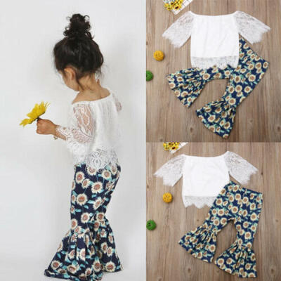 

US Stock Kid Baby Girls Lace Tops Sunflower Flared Pants Bell Bottoms Outfit Set