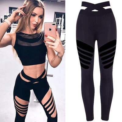 

88073 sexy waist sports yoga pants thigh hollow fitness trousers women Europe&the United States cross-country running tights b