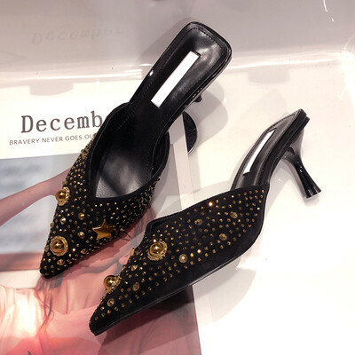 

Retro pointed slippers women summer Baotou rivet rhinestone high heel sandals chic Mueller shoes