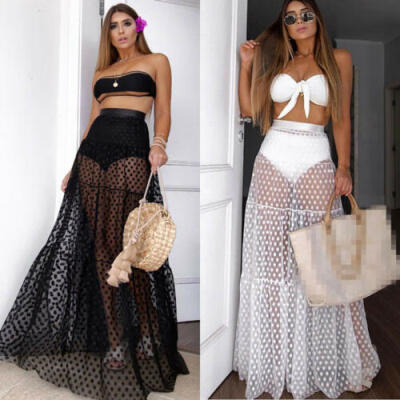 

Summer Womens Ladies High Waist Lace Mesh Maxi Skirt Beach Cover up Long Dress