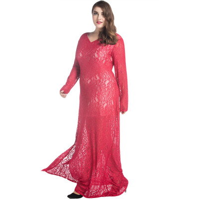 

Women Plus Size Lace Maxi Dress V-Neck Full Sleeve Lined Evening Party Solid Long Dress