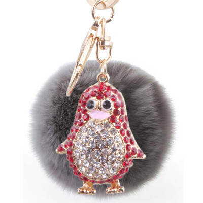 

Rex rabbit fur ball keychain rhinestones small penguin handbags pendant fashion personality key chain