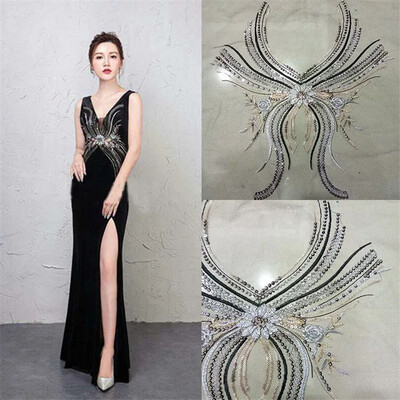 

High-end 3D Black Silver Color Lace Applique Patch Sewing for Wedding Dress Women Evening Gowns V Neckline Decoration