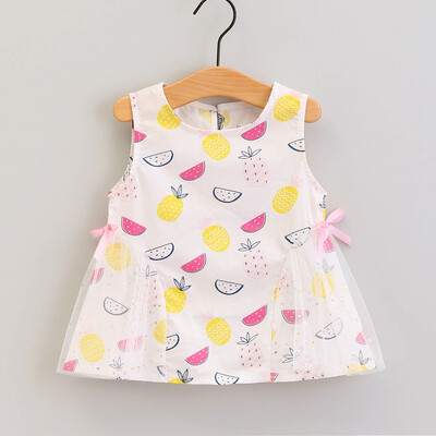 

Toddler Baby Kids Girls Sleeveless Fruit Print Patchwork Tulle Bow Dresses