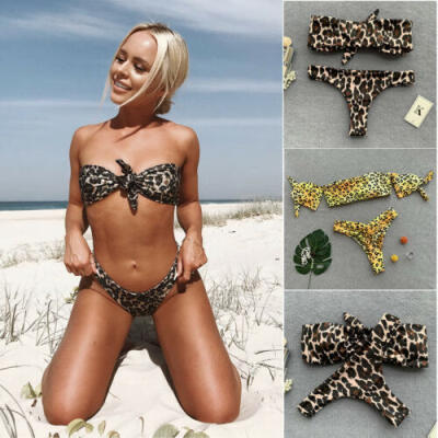 

Women Sexy Leopard Bikini Swimsuits Bow Knot Bra Thong Bottom Swimwear Beachwear