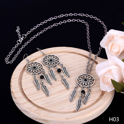 

Bohemian Style Pendant Dream catcher Earrings Feather Necklace Silver Leaves Lucky Earrings