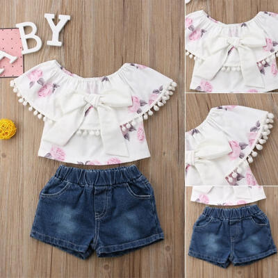 

Casual Newborn Kids Baby Girls Floral Tops T-shirt Denim Pants Shorts Outfits Clothes