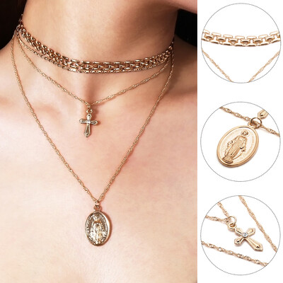 

Multi-layer Jesus Cross Pendant Necklace Choker Chain Jewelry Party Banquet Gift
