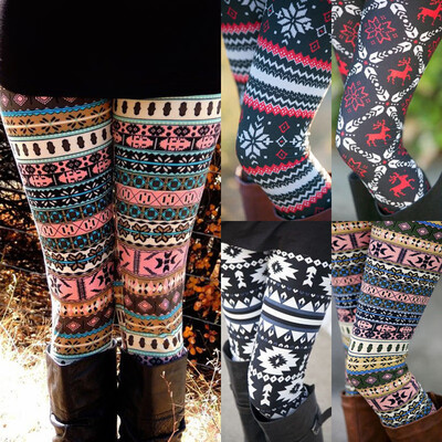 

Womens Xmas Leggings Snowflake Reindeer Knitted Cotton Pants Printed Trousers