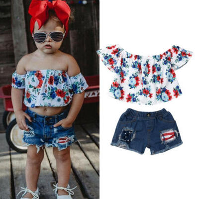 

Kids Baby Girl Off Shoulder TopsShorts Jeans Pants Outfit 2PCS Clothes UK Stock