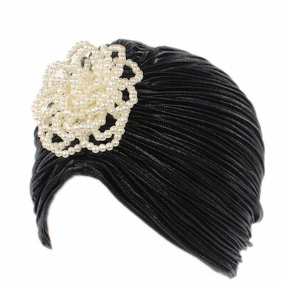

Women Pearl Flower Turban Hijab Chemo Hat Stretch Ruffle Headwrap