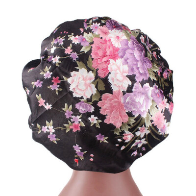 

Silky Flowers Pattern Woman Sleep Caps Hair Care Head Cover Wide Nightcap Wrap