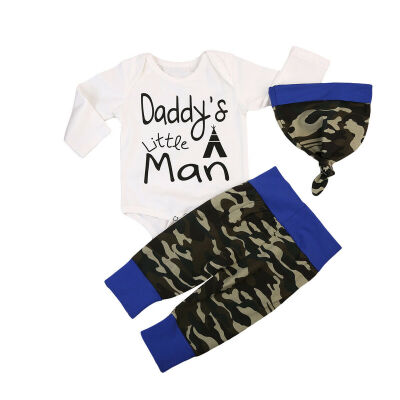 

3PCS Camo Newborn Baby Boys Cotton Tops Romper Pants Hat Outfits Set Clothes