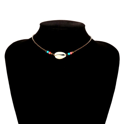 

Bohemian Beach Jewelry Simple Woven Silver Beads Pulled Shell Clavicle Choker Necklace For Women