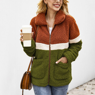 

Women Warm Faux Fur Coat Autumn Winter Zipper Coat Turn-down Collar Pocket Casual Outerwear Female Fashion Colorblock Overcoat