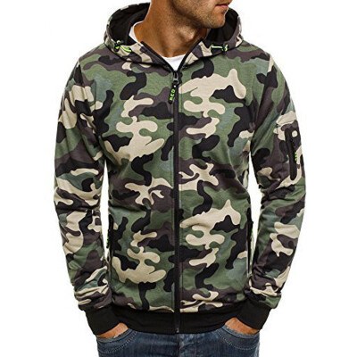 

Mens Zipper Hooded Jacket Tops Casual Camouflage Print Sports Hoodie Pullovers