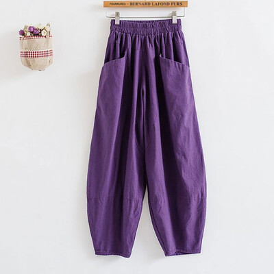 

Gobestart Fashion Womens Big Pocket Loose Cotton Linen Harem Casual Splice Cropped Pants