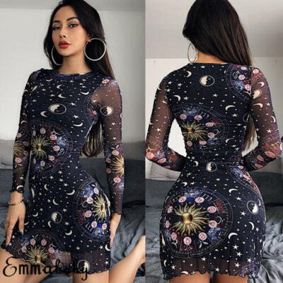 

Sexy Women Mesh See Through Dress Sun Moon Print Short Sleeve Bodycon Mini Dress