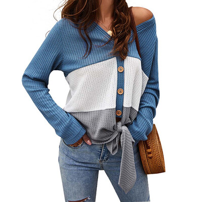 

Fashion Women Long-Sleeved Sweater New V-Neck Stitching Knitted Top Lace Up Hem Button Blouse
