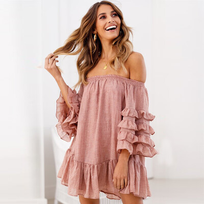 

Women One Word Collar Strapless Short Sleeve Solid Color Loose Mid-Length Casual Dress