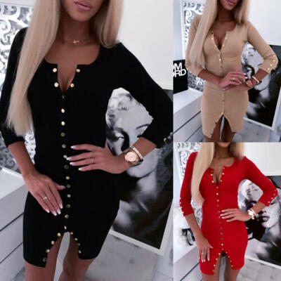 

Womens Round Neck Long Sleeve Bodycon Clubwear Evening Party Cocktail Mini Dress