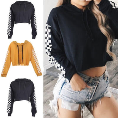 

Fashion Womens Hooded Short Sweatshirt Plain Cropped Tops Pullover Jumper Top Shirts