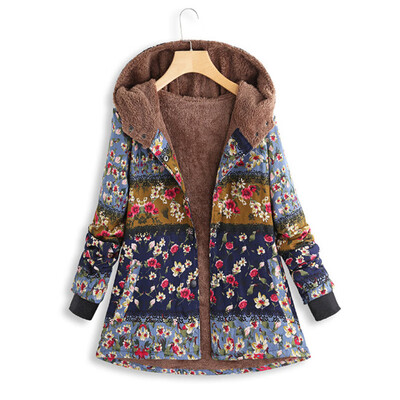 

Women Ethnic Style Floral Print Coat Tops Hooded Casual Long Sleeve Warm Zipper