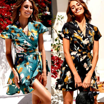 

Womens Boho Floral Chiffon Summer Party Evening Beach Short Mini Dress Sundress