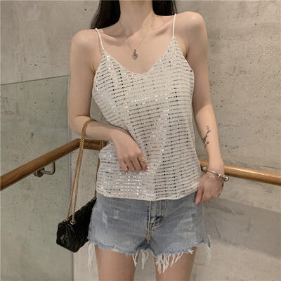 

Women Summer Temperament Sexy V-Neck Sequins Fine Belt Wild Knit Bottoming Camisole