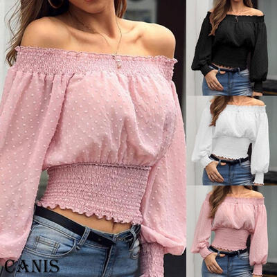 

Autumn Women Off Shoulder Puff Sleeve Blouses Tops Fashion Ladies Long Sleeve Crop Top Shirts Slim Casual Blouses