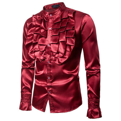 

Mens 70s Frill Ruffle Stand Collar Shirt Fancy Dress Party Formal Baquet Costume