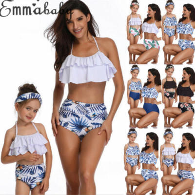 

Holiday Mother Daughter Family Matching Ruffle High Waist Bikini Swimwear Pool