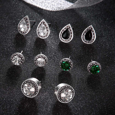 

Vintage Bohemia Silver Charm Black Green Gemstone Stud Earring for Women Earring Set Gifts
