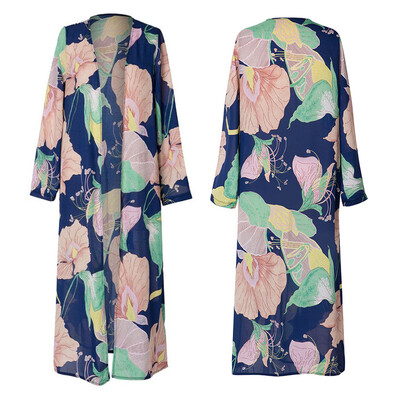 

Roseonmyhand Women Long Sleeve Printed Shawl Beachwear Chiffon Cardigan Tops Cover Up Blouse