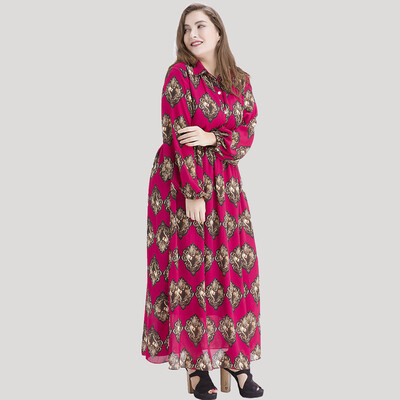 

Bohemian Women Plus Size Chiffon Print Maxi Dress Turn-down Collar Long Sleeve Elastic Waist Long Dress Burgundy