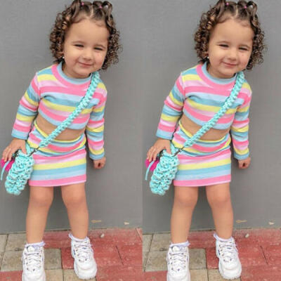 

Toddler Kids Baby Girl Color Stripe T-shirt TopsSkirt Dress 2PCS Outfit Clothes