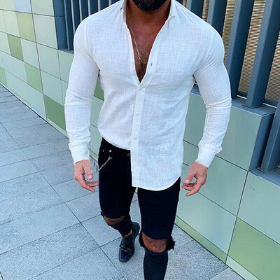 

Fashion Mens Summer Linen Slim Fit Long Sleeve Solid Color Tops Breathable Soft Casual Shirts