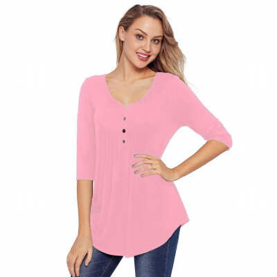 

Solid color V-neck button seven-point sleeve Slim womens T-shirt casual fashion shirt