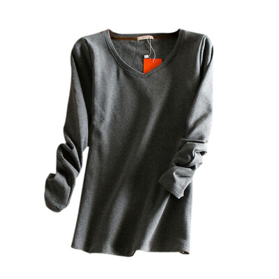 

Autumn Winter Plus Size Women V-Neck Slim Breathable Cotton Plus Velvet Thickening Long Sleeve t-shirt Casual Tops